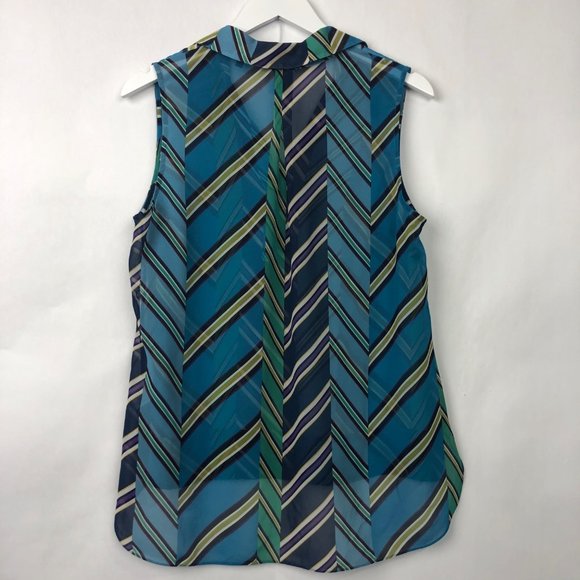 CAbi Blue Multi Diagonal Stripe Collared Sleeveless Blouse Size Medium - Picture 10 of 14